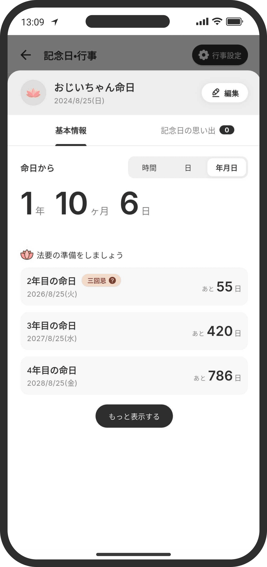 法事も登録可能。法要をお知らせ