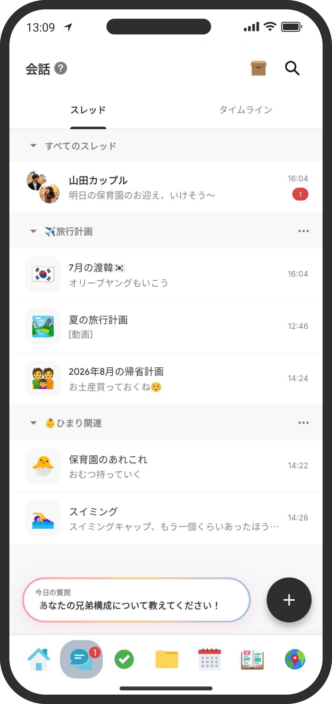 会話タブ：スレッドの一覧表示